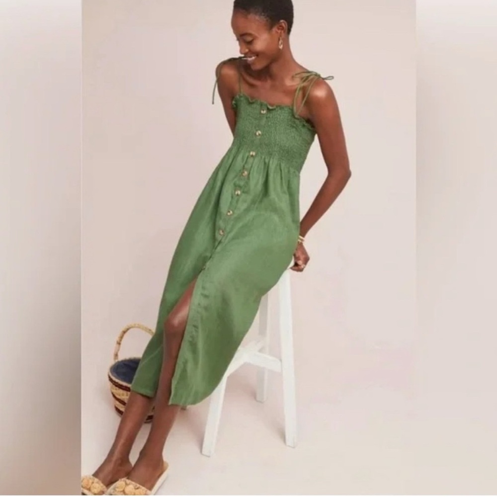 Anthropologie Faithfull Green Smocked Dress Small 4